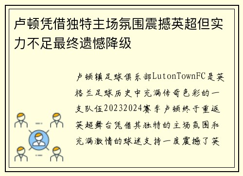 卢顿凭借独特主场氛围震撼英超但实力不足最终遗憾降级 卢顿凭借独特主场氛围震撼英超但实力不足最终遗憾降级