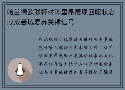 哈兰德欧联杯对阵里昂展现回暖状态或成曼城复苏关键信号 哈兰德欧联杯对阵里昂展现回暖状态或成曼城复苏关键信号